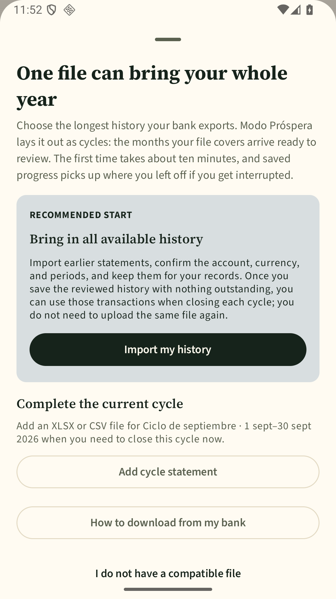 Synthetic screen for importing transaction history