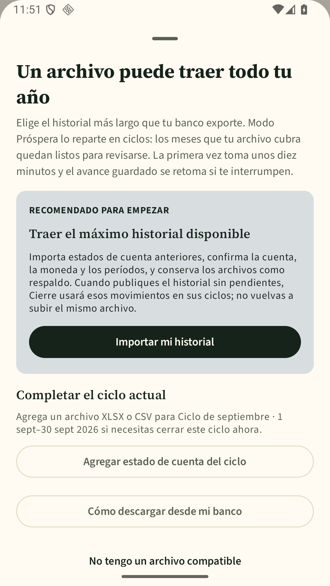 Pantalla sintética para importar el historial