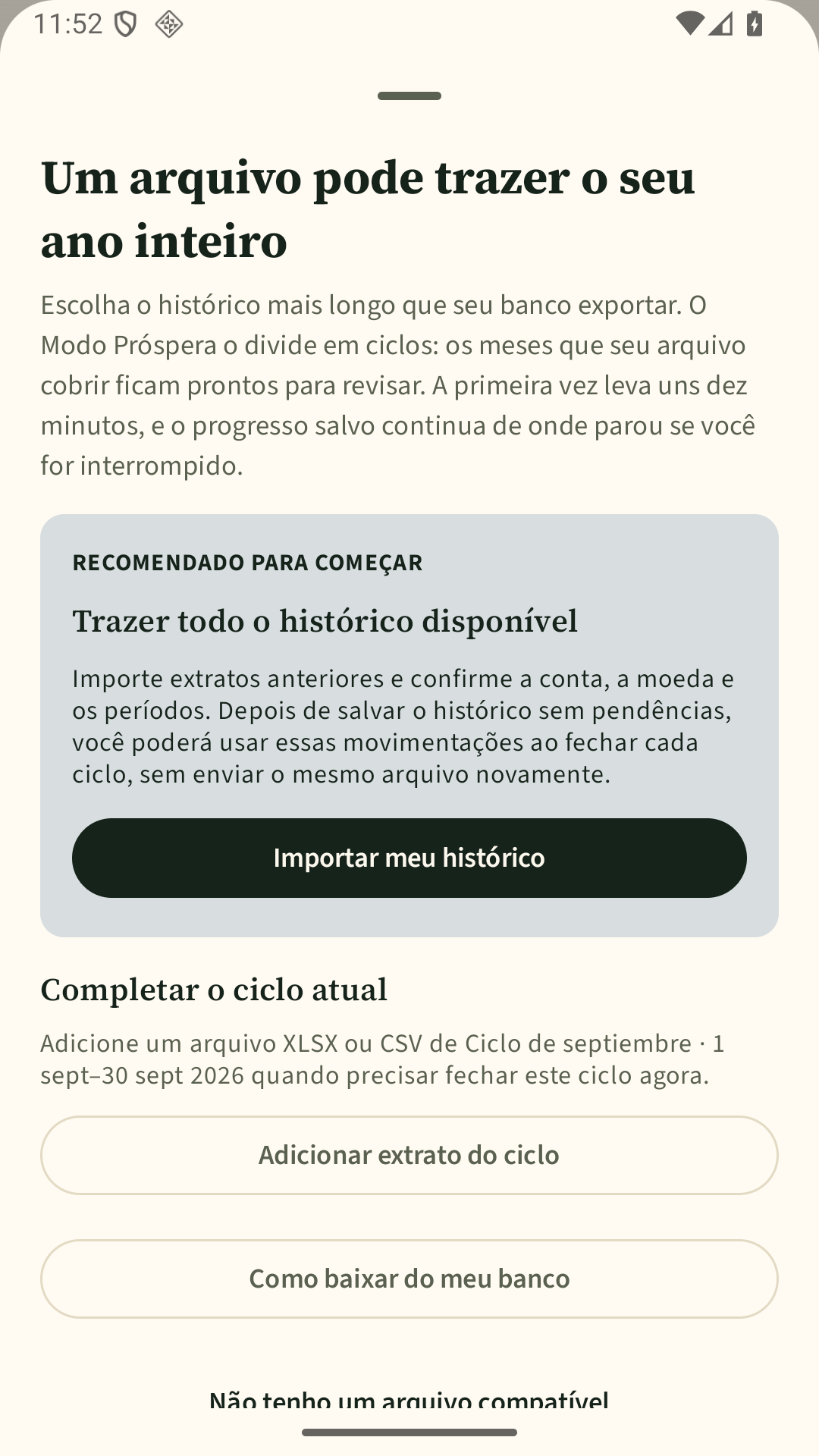Tela sintética para importar o histórico