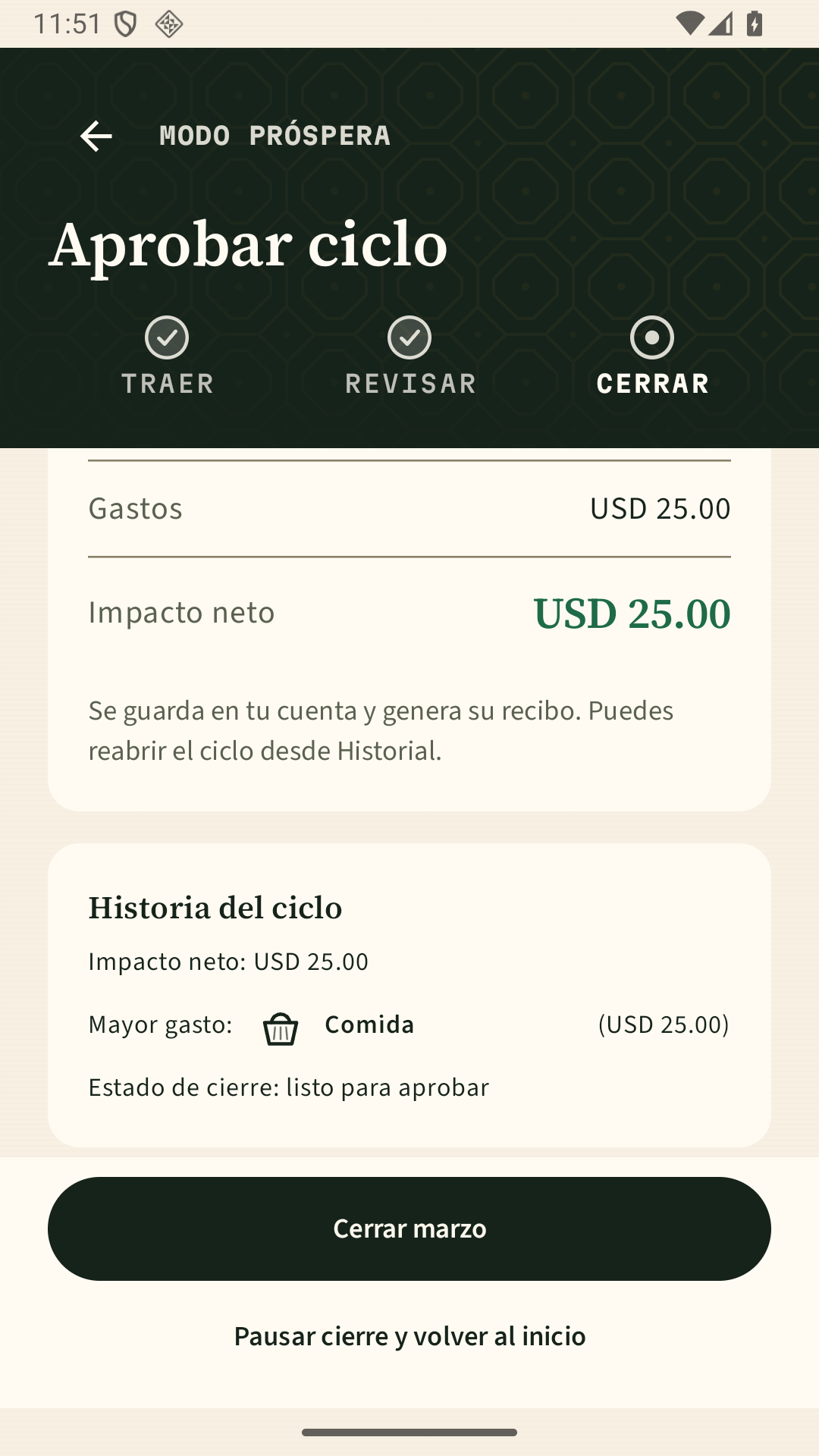 Pantalla sintética con movimientos pendientes de revisión